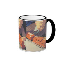 Vintage Christmas, Boy Playing with Toy Trains Coffee Mugs