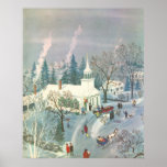 Vintage Christmas, Church Goers in Winter Snow Day Print