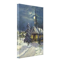 Vintage Christmas, Church in Moonlight Snow Winter Gallery Wrapped Canvas