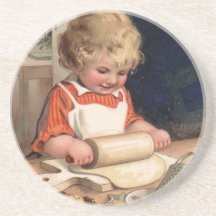 Vintage Christmas - Girl Baking Cookies Coaster