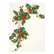 Vintage Christmas Holly Branch with Red Berries Invite