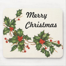 Vintage Christmas Holly Branch with Red Berries Mouse Pads