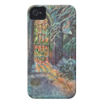 Vintage Christmas, Stained Glass Window in Church iPhone 4 Case-Mate Case
