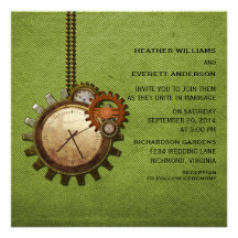 Vintage Clock Wedding Invitation, Green