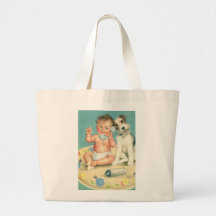 Vintage Cute Baby Talking on Phone Puppy Dog Tote Bags