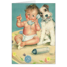 Vintage Cute Baby Talking on Phone Puppy Dog Card