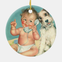 Vintage Cute Baby Talking on Phone Puppy Dog Christmas Ornaments