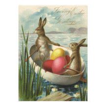 Vintage Easter Bunnies and Easter Eggs in a Boat Personalized Invites