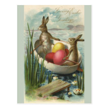 Vintage Easter Bunnies and Easter Eggs in a Boat Post Cards