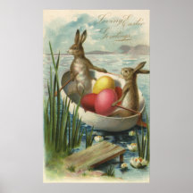 Vintage Easter Bunnies and Easter Eggs in a Boat Print