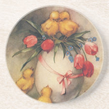Vintage Easter Chicks with Red Tulips in an Egg Coasters