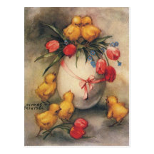 Vintage Easter Chicks with Red Tulips in an Egg Post Card