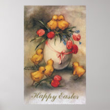 Vintage Easter Chicks with Red Tulips in an Egg Print