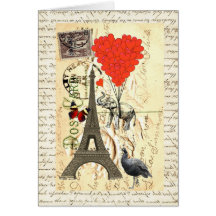 Vintage elephant and red heart balloons greeting card