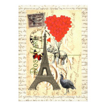 Vintage elephant and red heart balloons custom invitations