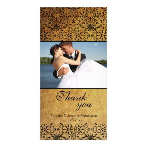 Vintage faded black gold damask wedding thank you photo card