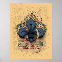 Vintage fleur-de-lis  blue metal grunge effects print