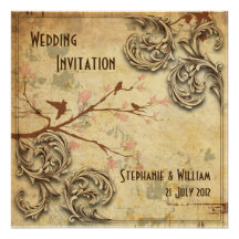 Vintage Floral Love Birds Wedding Invitation
