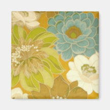 Vintage Floral Wallpaper, Turquoise Green & Brown Refrigerator Magnets