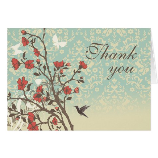 Vintage flowers bird + damask wedding thank you greeting card
