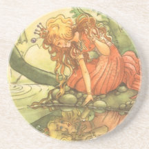 Vintage Frog Prince; Princess and Her Reflection Beverage Coasters