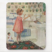 Vintage Girl, Child Doing Laundry Hanging Clothes Mouse Pads