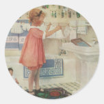 Vintage Girl, Child Doing Laundry Hanging Clothes Round Stickers