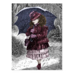 Vintage Girl With Umbrella In Snow Storm Postcard