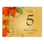 Vintage gold fall leaves wedding table number postcards