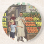 Vintage Grocer and Boy Next to the Fruit Stand Drink Coaster