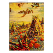 Vintage Halloween Pumpkin Patch with Haystacks Greeting Card