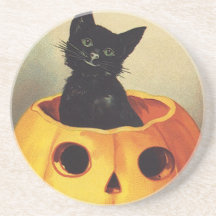 Vintage Halloween Smiling Cute Black Cat Pumpkin Drink Coaster