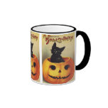 Vintage Halloween Smiling Cute Black Cat Pumpkin Mugs