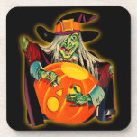 Vintage Halloween Witch Carving a Jack O'Lantern Beverage Coaster