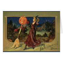 Vintage Halloween Witch Dancing with a Broom Greeting Cards