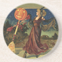 Vintage Halloween Witch Dancing with a Broom Beverage Coasters