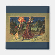 Vintage Halloween Witch Dancing with a Broom Magnet