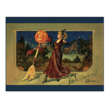 Vintage Halloween Witch Dancing with a Broom Post Card