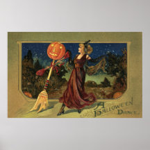 Vintage Halloween Witch Dancing with a Broom Print