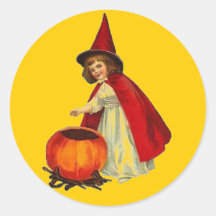 Vintage Halloween Witch Girl Round Stickers