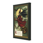 Vintage Halloween Witch Riding a Broom and Moon Canvas Print
