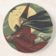 Vintage Halloween Witch Riding a Broom and Moon Drink Coasters