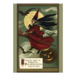 Vintage Halloween Witch Riding a Broom and Moon Personalised Invitations