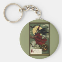 Vintage Halloween Witch Riding a Broom and Moon Key Chain