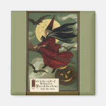 Vintage Halloween Witch Riding a Broom and Moon Magnet
