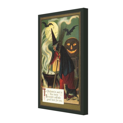Vintage Halloween Witch Stirring Magic Cauldron Stretched Canvas Prints