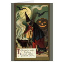 Vintage Halloween Witch Stirring Magic Cauldron Card