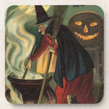 Vintage Halloween Witch Stirring Magic Cauldron Beverage Coasters
