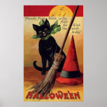 Vintage Halloween with a Black Cat, Broom and Hat Posters