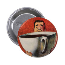 Vintage Happy Man Drinking Giant Cup of Coffee Pin